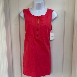 Ellen Tracy Coral Sleeveless Linen Dress with Gold Zipper